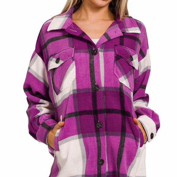 Zenana Oversized Plaid Fleece Shacket - Picture 3 of 3
